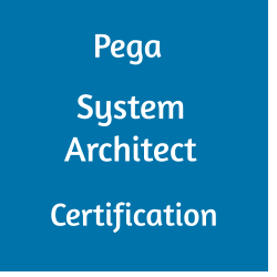 Blue square with white text that reads 'Pega System Architect Certification' arranged in four lines.