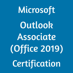The image displays the text "Microsoft Outlook Associate (Office 2019) Certification MO-400" on a blue background. The font is white and centrally aligned, with a straightforward and professional style, reflecting the nature of the certification.