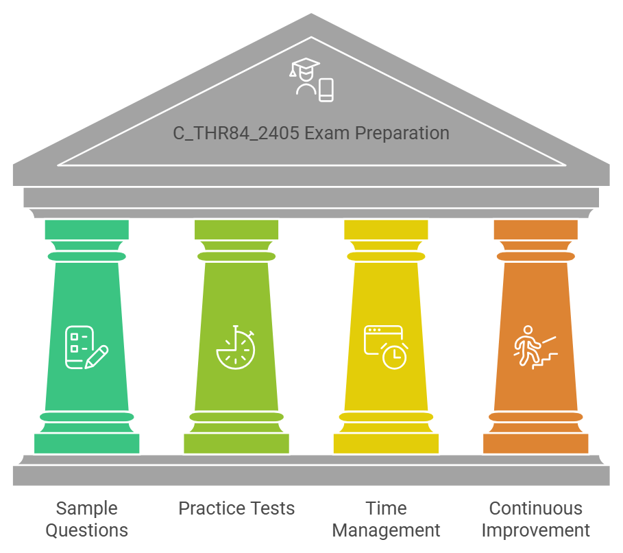 Four pillars of C_THR84_2405 exam preparation: Sample Questions, Practice Tests, Time Management, Continuous Improvement.
