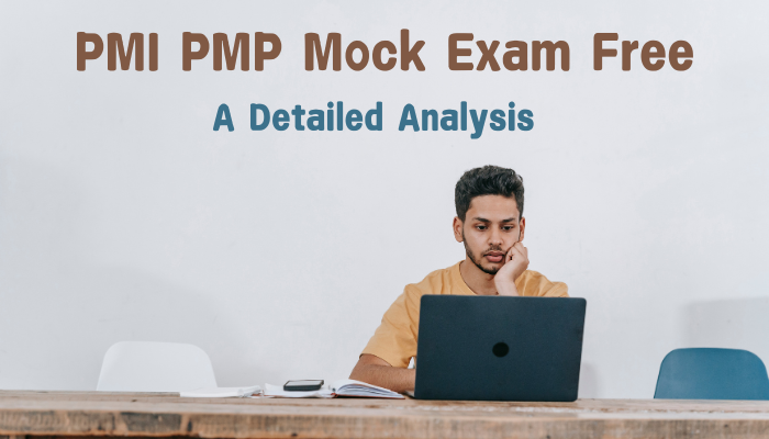 Young man studying on his laptop with the text "PMI PMP Mock Exam Free - A Detailed Analysis.