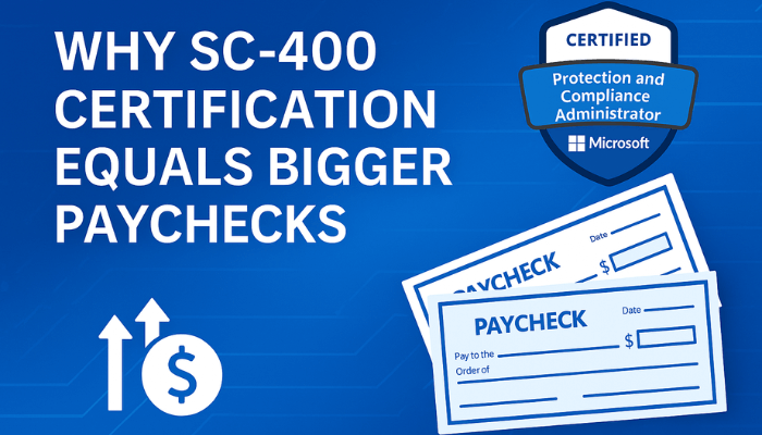 A digital promotional image with the title "Why SC-400 Certification Equals Bigger Paychecks" written in bold white text, centered on a modern tech-themed blue gradient background. The design includes visuals of a Microsoft Protection and Compliance Administrator badge alongside overlapping paychecks, symbolizing financial growth