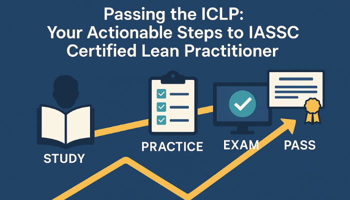Image showing four steps to pass the ICLP exam: Study, Practice, Exam, and Pass. Each step is represented with icons and a yellow upward path indicating progress.