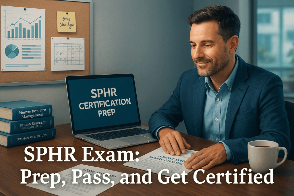 A confident HR leader studies SPHR exam materials at a modern desk with a laptop displaying “SPHR Certification Prep,” surrounded by HR books, charts, and a cup of coffee.