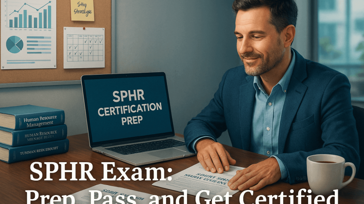 A confident HR leader studies SPHR exam materials at a modern desk with a laptop displaying “SPHR Certification Prep,” surrounded by HR books, charts, and a cup of coffee.