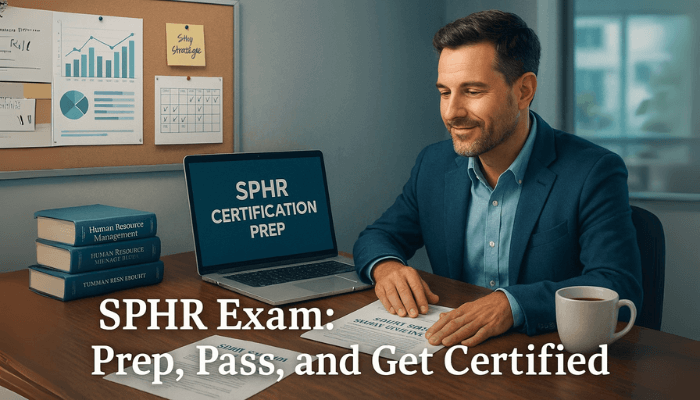 A confident HR leader studies SPHR exam materials at a modern desk with a laptop displaying “SPHR Certification Prep,” surrounded by HR books, charts, and a cup of coffee.
