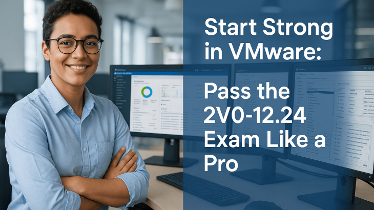 A confident professional smiles in front of dual monitors displaying VMware dashboards in a modern tech office. Text overlay reads: "Start Strong in VMware: Pass the 2V0-12.24 Exam Like a Pro".