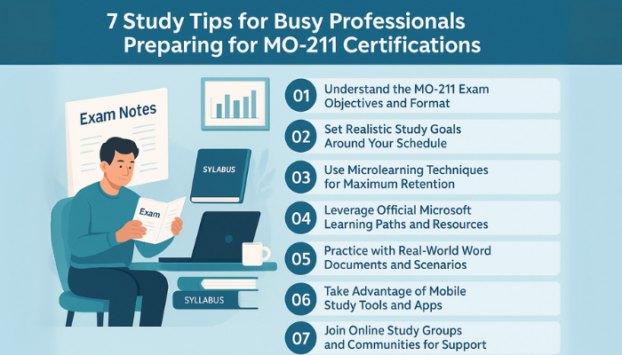 Infographic showing 7 study tips for MO-211 certification with illustrations of a person studying, books, laptop, and icons in a clean blue-toned layout.