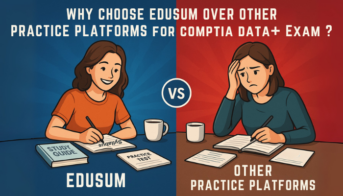 Happy student studying with Edusum vs confused student using other practice platforms, split-screen comparison.