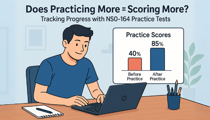 Illustration of a student using a laptop to prepare for the NS0-164 exam, showing practice scores improving from 40% before practice to 85% after practice.