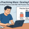 Illustration of a man studying on a laptop at a desk while a chart titled “Practice Scores” shows improvement from 40% before practice to 85% after practice, with the heading “Does Practicing More = Scoring More? Tracking Progress with NS0-165 Practice Tests