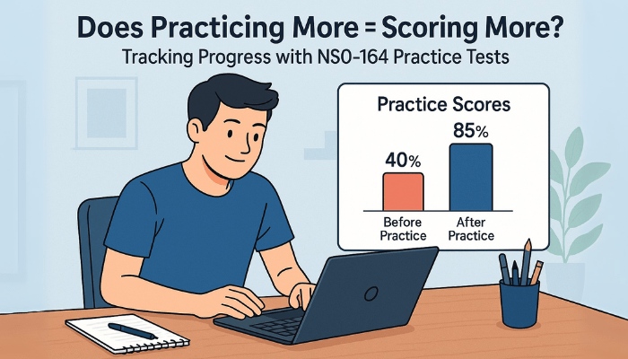 Illustration of a man studying on a laptop at a desk while a chart titled “Practice Scores” shows improvement from 40% before practice to 85% after practice, with the heading “Does Practicing More = Scoring More? Tracking Progress with NS0-165 Practice Tests