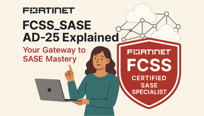 Illustration featuring a professional holding a laptop with text “Fortinet FCSS_SASE_AD-25 Explained: Your Gateway to SASE Mastery” and a Fortinet Certified SASE Specialist badge.