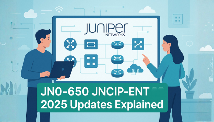Two IT professionals discussing network diagrams on a screen with the title “JN0-650 JNCIP-ENT 2025 Updates Explained” and Juniper Networks branding.