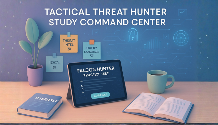 Minimalist pastel study nook with a tablet showing a Falcon Hunter practice test, sticky notes, open cybersecurity book, coffee cup, and subtle futuristic hologram UI elements.