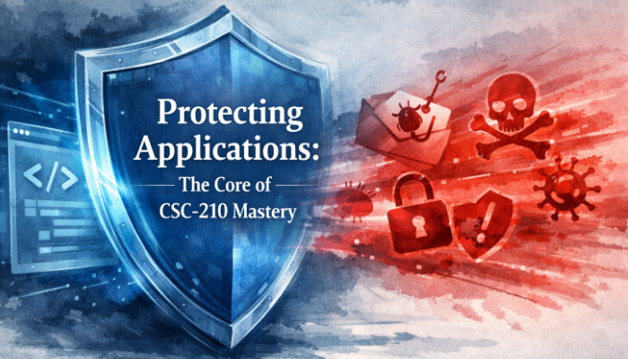 Abstract watercolor-tech illustration showing a blue secure code shield protecting a digital application from red cyber threat icons, with the centered title “Protecting Applications: The Core of CSC-210 Mastery.”