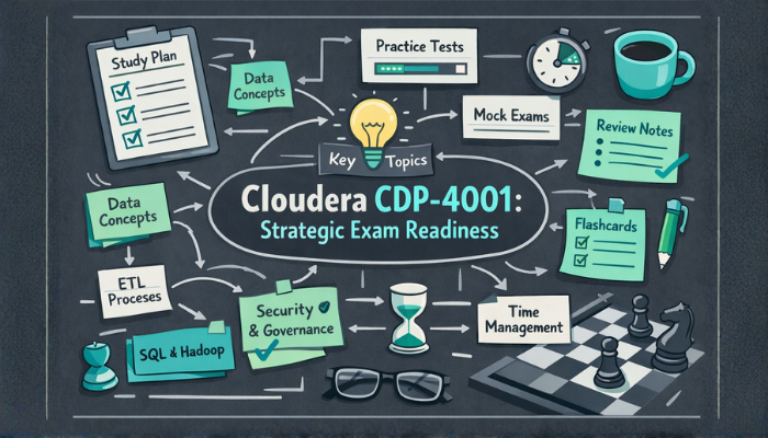 A vertical column infographic outlining four preparation steps for the Cloudera CDP-4001 exam: assessing skills, defining learning path, practicing, and reviewing.