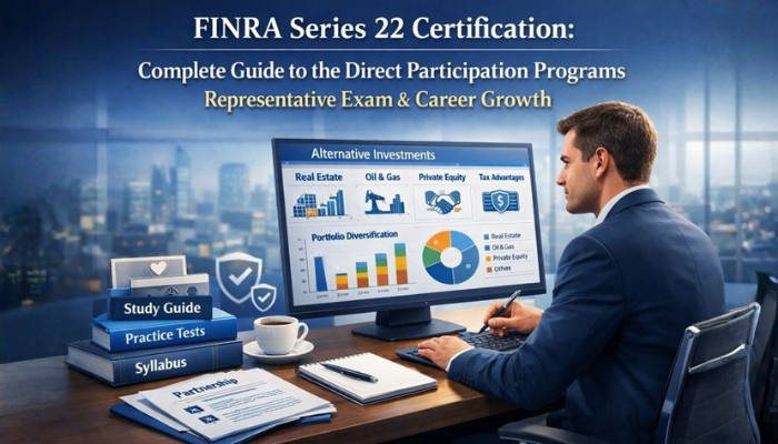 Professional promotional image for the FINRA Series 22 Certification exam guide, featuring a financial advisor in a modern office reviewing alternative investment data on a digital dashboard. The screen displays real estate, oil and gas, private equity, tax-advantaged investments, and portfolio diversification charts. Study materials labeled study guide, practice tests, and syllabus sit on the desk beside a coffee cup, notepad, and partnership documents, conveying focused exam preparation, regulatory compliance, and career growth in a clean blue-gray corporate setting.