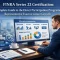 Professional promotional image for the FINRA Series 22 Certification exam guide, featuring a financial advisor in a modern office reviewing alternative investment data on a digital dashboard. The screen displays real estate, oil and gas, private equity, tax-advantaged investments, and portfolio diversification charts. Study materials labeled study guide, practice tests, and syllabus sit on the desk beside a coffee cup, notepad, and partnership documents, conveying focused exam preparation, regulatory compliance, and career growth in a clean blue-gray corporate setting.