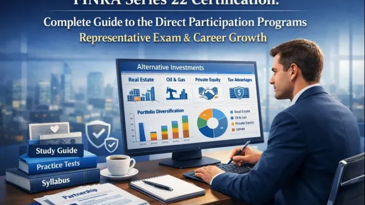Professional promotional image for the FINRA Series 22 Certification exam guide, featuring a financial advisor in a modern office reviewing alternative investment data on a digital dashboard. The screen displays real estate, oil and gas, private equity, tax-advantaged investments, and portfolio diversification charts. Study materials labeled study guide, practice tests, and syllabus sit on the desk beside a coffee cup, notepad, and partnership documents, conveying focused exam preparation, regulatory compliance, and career growth in a clean blue-gray corporate setting.
