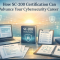 SC-200 certification study setup with laptop, study guide, practice exam papers, security syllabus checklist, and cybersecurity icons in a professional workspace.