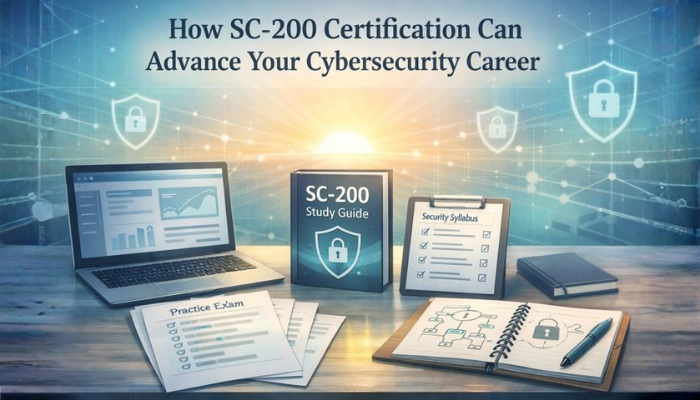 SC-200 certification study setup with laptop, study guide, practice exam papers, security syllabus checklist, and cybersecurity icons in a professional workspace.