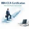 Professional illustration showing a business man climbing floating steps toward light with IIBA CCA Certification title and a laptop desk setup symbolizing career growth through practice tests.