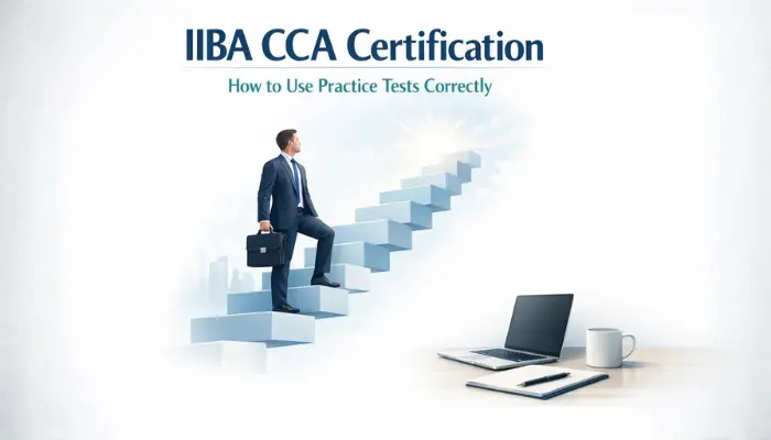 Professional illustration showing a business man climbing floating steps toward light with IIBA CCA Certification title and a laptop desk setup symbolizing career growth through practice tests.