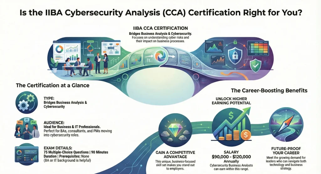 Infographic explaining IIBA Cybersecurity Analysis (CCA) certification overview, exam details, target audience, and career benefits such as higher salary, competitive advantage, and future-proof cybersecurity careers.