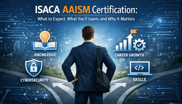 A professional standing at a career crossroads facing a digital cityscape, with icons representing knowledge, cybersecurity, skills, and career growth, alongside the text “ISACA AAISM Certification: What to Expect, What You’ll Learn, and Why It Matters,” illustrating professional development and advancement in information security.