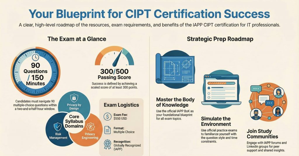 IAPP CIPT certification blueprint infographic showing exam structure, 90 questions, 150 minutes, 300 passing score, and core privacy engineering domains