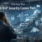 A professional looking at a holographic chart with career progression and security data, symbolizing the strategic path with ISC2 CISSP certification.