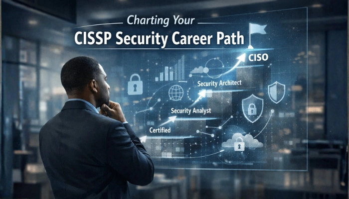 A professional looking at a holographic chart with career progression and security data, symbolizing the strategic path with ISC2 CISSP certification.