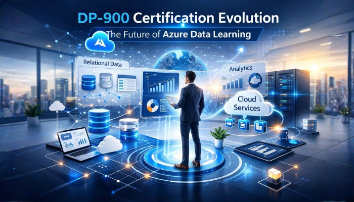 Professional illustration showing a learner interacting with holographic Azure cloud data dashboards featuring relational data, analytics, and cloud services in a futuristic office environment.