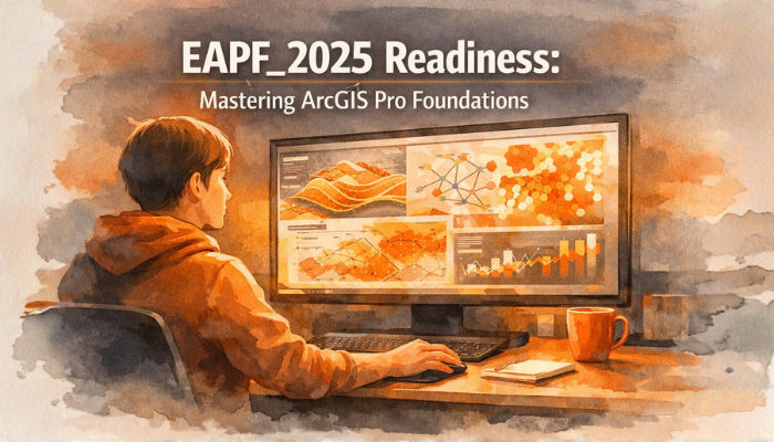 A focused individual working on a computer, with geospatial data visuals on screen, representing hands-on preparation and readiness for the Esri EAPF_2025 certification.