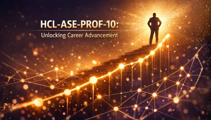 Silhouette of a professional standing on glowing steps with rising data lines and network connections, symbolizing career growth for HCL-ASE-PROF-10 certification.