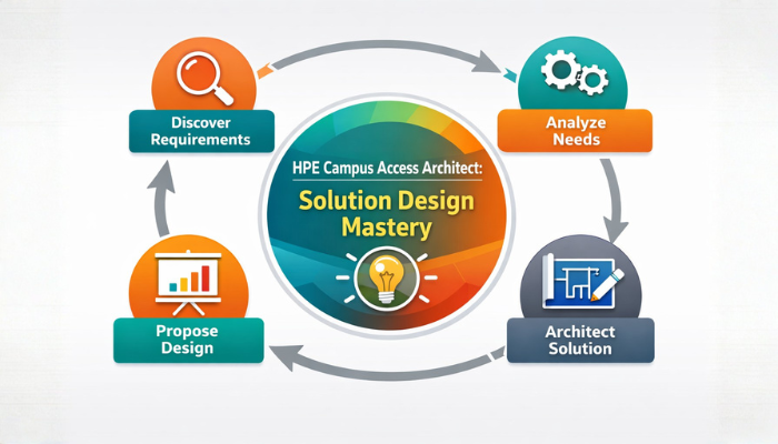 An infographic depicting the circular workflow of network solution design, from requirements to proposal, central to the HPE Network Campus Access Professional Architect role.