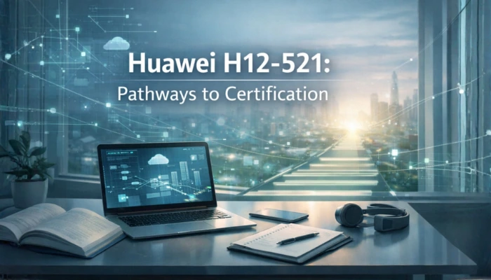 A professional setting with an open laptop displaying network diagrams and data analytics, symbolizing structured learning for the Huawei H12-521 exam. The image conveys pathways to certification.