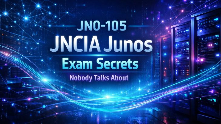 JN0-105 JNCIA Junos Exam Secrets Nobody Talks About banner with glowing network graphics and server racks in a futuristic data center theme.