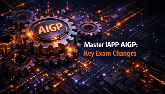 A 3D isometric render showing complex gears and glowing data, with a prominent "AIGP" gear subtly shifting, representing key exam changes for the IAPP AIGP Certification in a dark, futuristic palette.