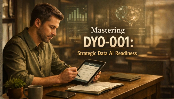 A cinematic realistic image of a professional calmly reviewing a digital study plan for the CompTIA DY0-001 exam on a tablet, with subtle data and AI elements in the background, conveying strategic readiness.