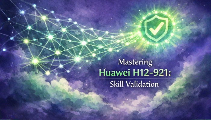An abstract, glowing network illustration with interconnected nodes and lines, symbolizing complex data flows, leading towards a green verification badge. This represents the skill validation achieved through the Huawei H12-921 certification.