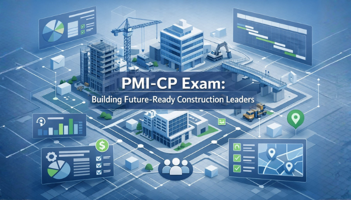 An isometric 3D render illustrating a complex construction project site with digital overlay of strategic planning, representing the PMI-CP Exam's focus on future-ready leadership.