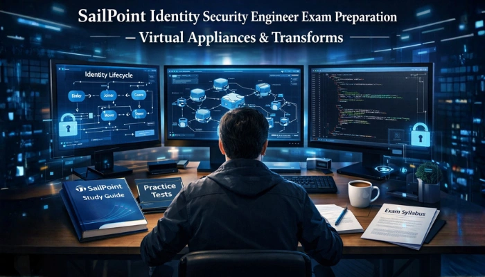SailPoint Identity Security Engineer exam preparation showing virtual appliances, transforms, identity lifecycle, and practice tests