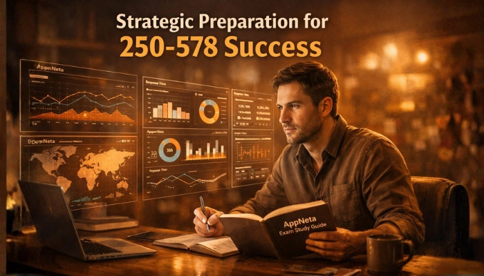 A professional individual calmly studying at a desk, with a holographic display showing AppNeta performance dashboards, symbolizing strategic preparation for the Broadcom 250-578 exam.