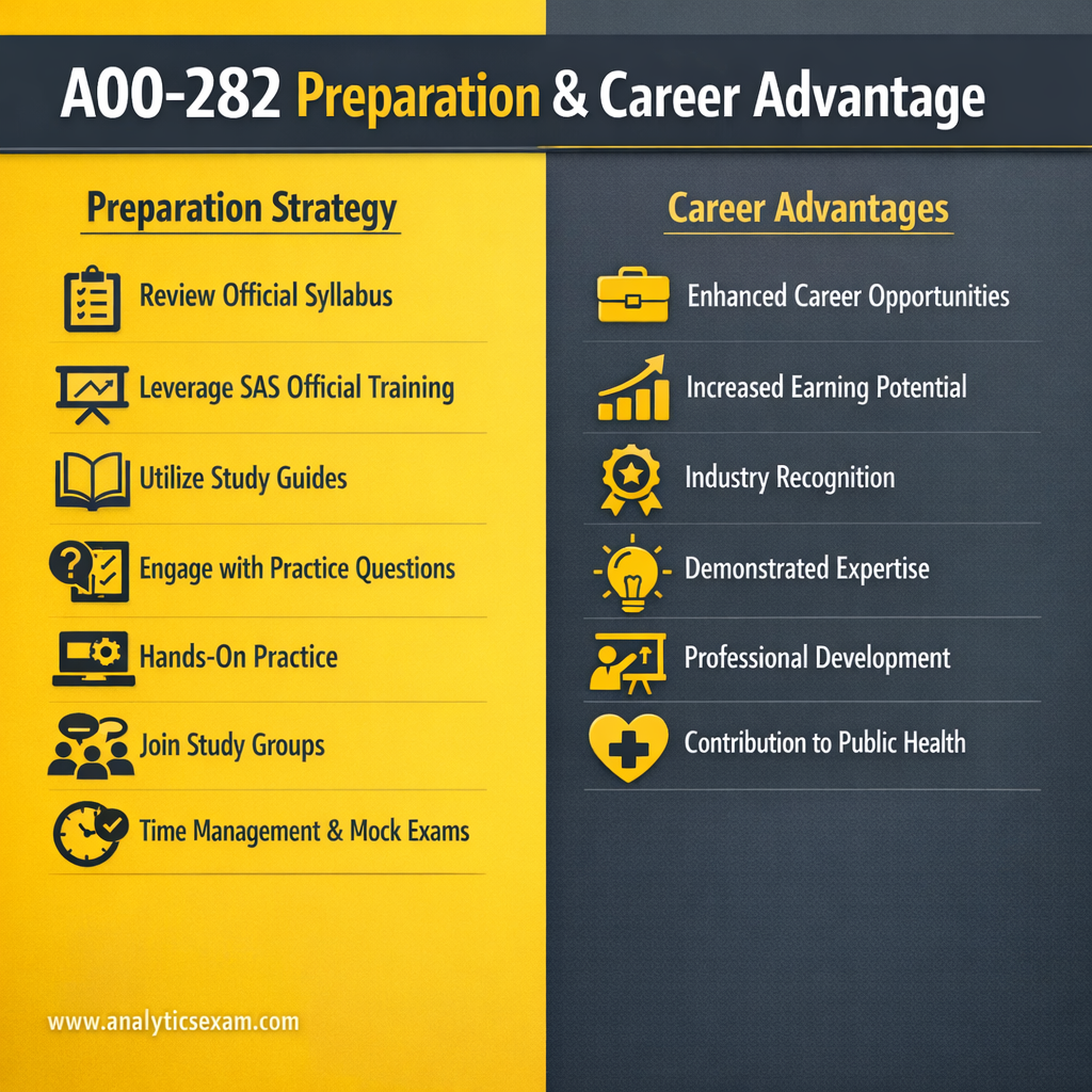  An infographic illustrating key preparation strategies for the SAS A00-282 exam and the significant career advantages gained through this certification in clinical trials programming.