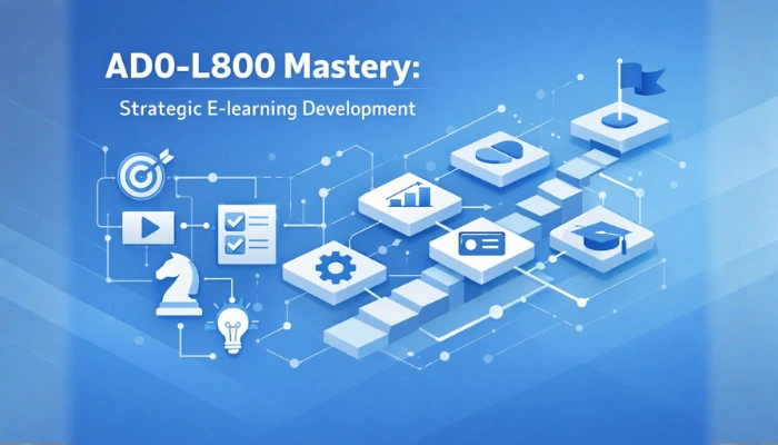 An abstract vector graphic illustrating strategic e-learning development. Interconnected nodes and flow lines represent modules of knowledge and a clear path to AD0-L800 exam mastery, set against a minimalist blue and white background.