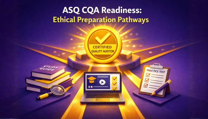 A 3D rendered image showing various ethical study resources, depicted as icons, converging towards an ASQ CQA certification badge, illustrating pathways to exam readiness.