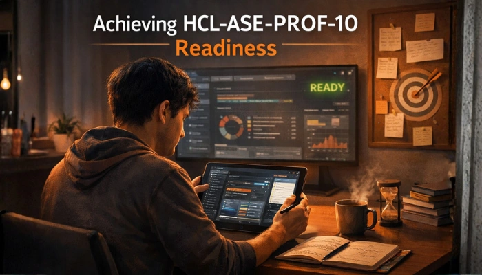 A professional diligently studying HCL AppScan Enterprise 10 concepts on a tablet, symbolizing focused preparation for HCL-ASE-PROF-10 exam readiness.