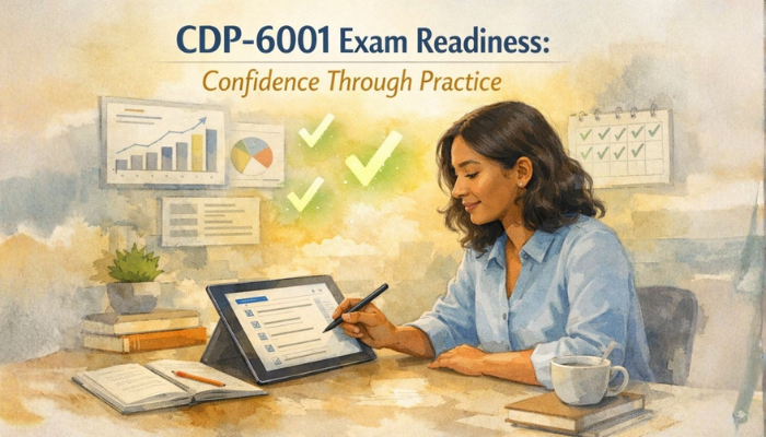 A focused individual calmly taking a practice exam on a tablet, symbolizing confidence and readiness for the Cloudera CDP-6001 certification through effective preparation.