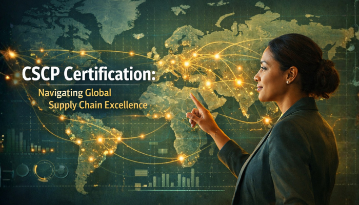 A professional looking at a dynamic, interconnected global map with supply chain flow lines, representing strategic navigation of global supply chain excellence through CSCP Certification.